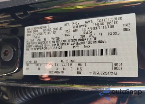 2025 Ford F-150 Raptor z USA, uszkodzony, nr VIN 1FTFW1RG7SFC33131